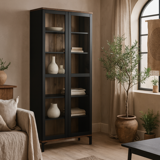 Indigo Large Display Cabinet 2 Doors Glazed Black and Walnut Effect Wood 5 Shelves