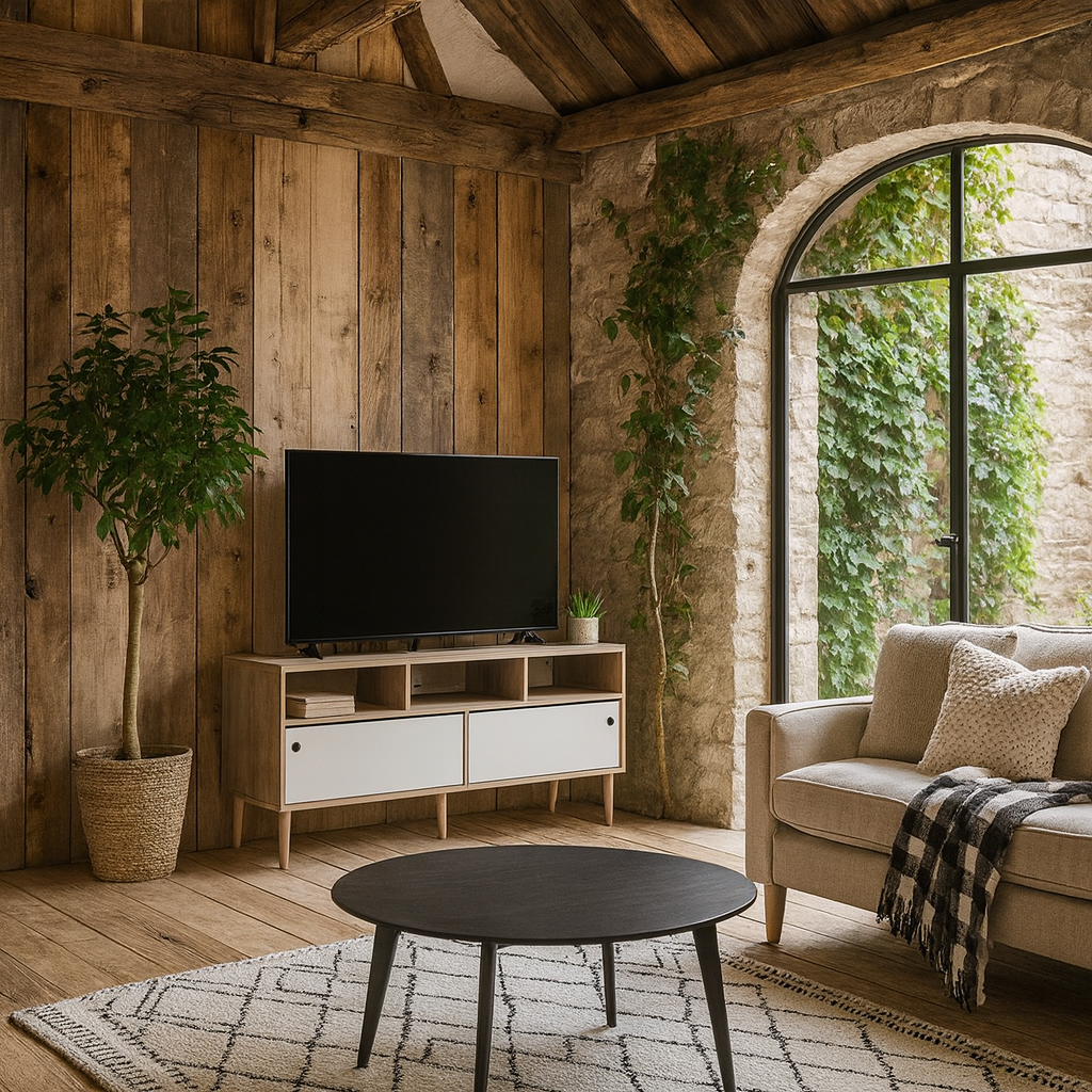 Tao Natural Oak Effect and White TV Unit 2 Sliding Doors