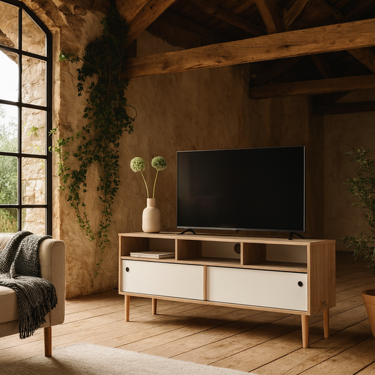 Tao Natural Oak Effect and White TV Unit 2 Sliding Doors