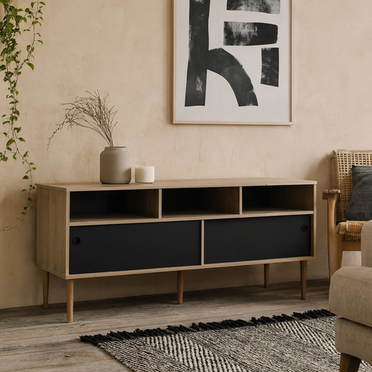 Tao Natural Oak Effect and Matt Black TV Unit 2 Sliding Doors
