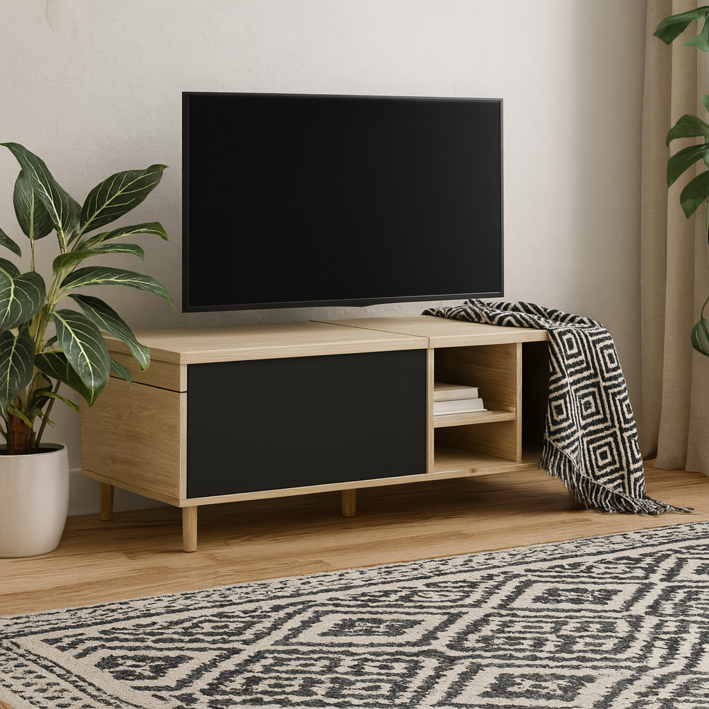 Tao Natural Oak Effect and Matt Black Coffee Table with Sliding Top