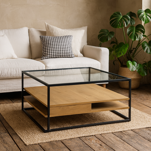 Wrenna Black and Natural Oak Effect Square Coffee Table 2 Shelves Glass Top