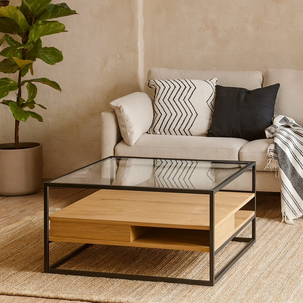 Wrenna Black and Natural Oak Effect Square Coffee Table 2 Shelves Glass Top