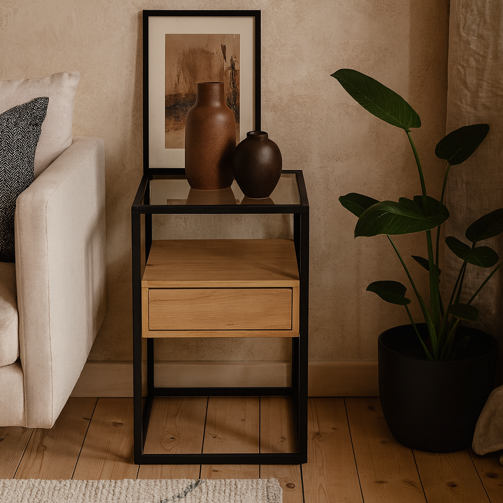 Wrenna Black and Natural Oak Effect Square Bedside Table 1 Drawer Glass Top