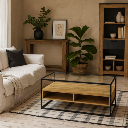 Wrenna Black and Natural Oak Effect TV Unit Glass Top