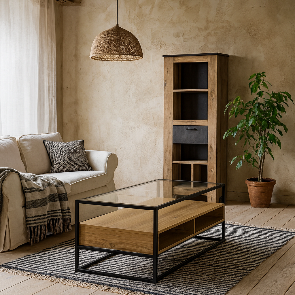 Wrenna Black and Natural Oak Effect TV Unit Glass Top