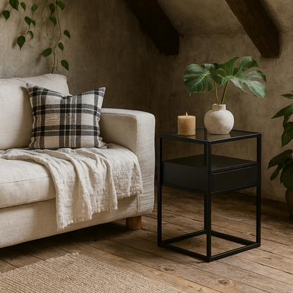 Wrenna Black Bedside Table Glass Top