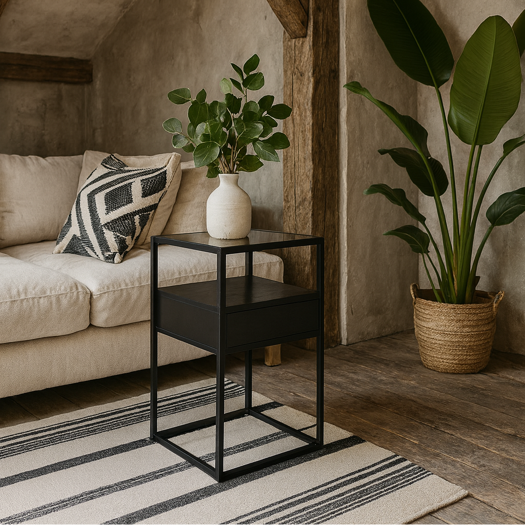 Wrenna Black Bedside Table Glass Top