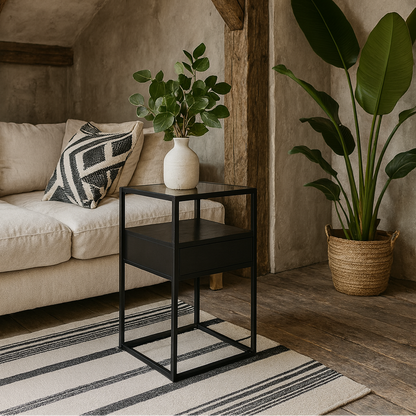 Wrenna Black Bedside Table Glass Top