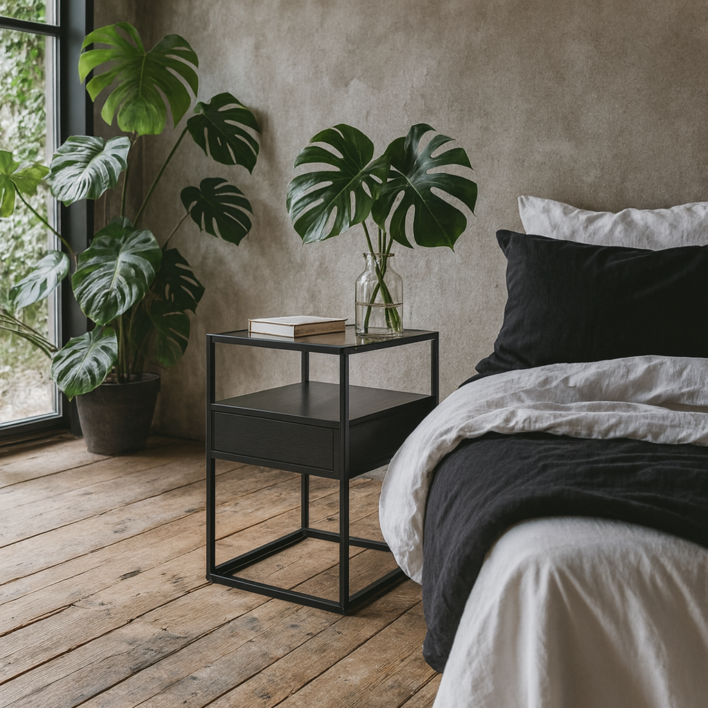 Wrenna Black Bedside Table Glass Top