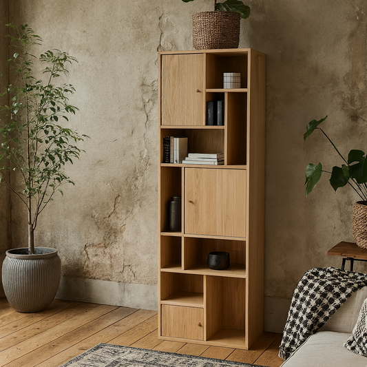 Thallo Narrow Oak Wood 3 Door Multi Level Bookcase