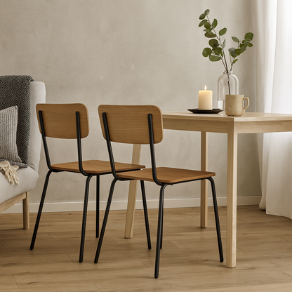 Set of 4 Sorenna Natural Oak Wood Effect Dining Chairs Black Metal Legs