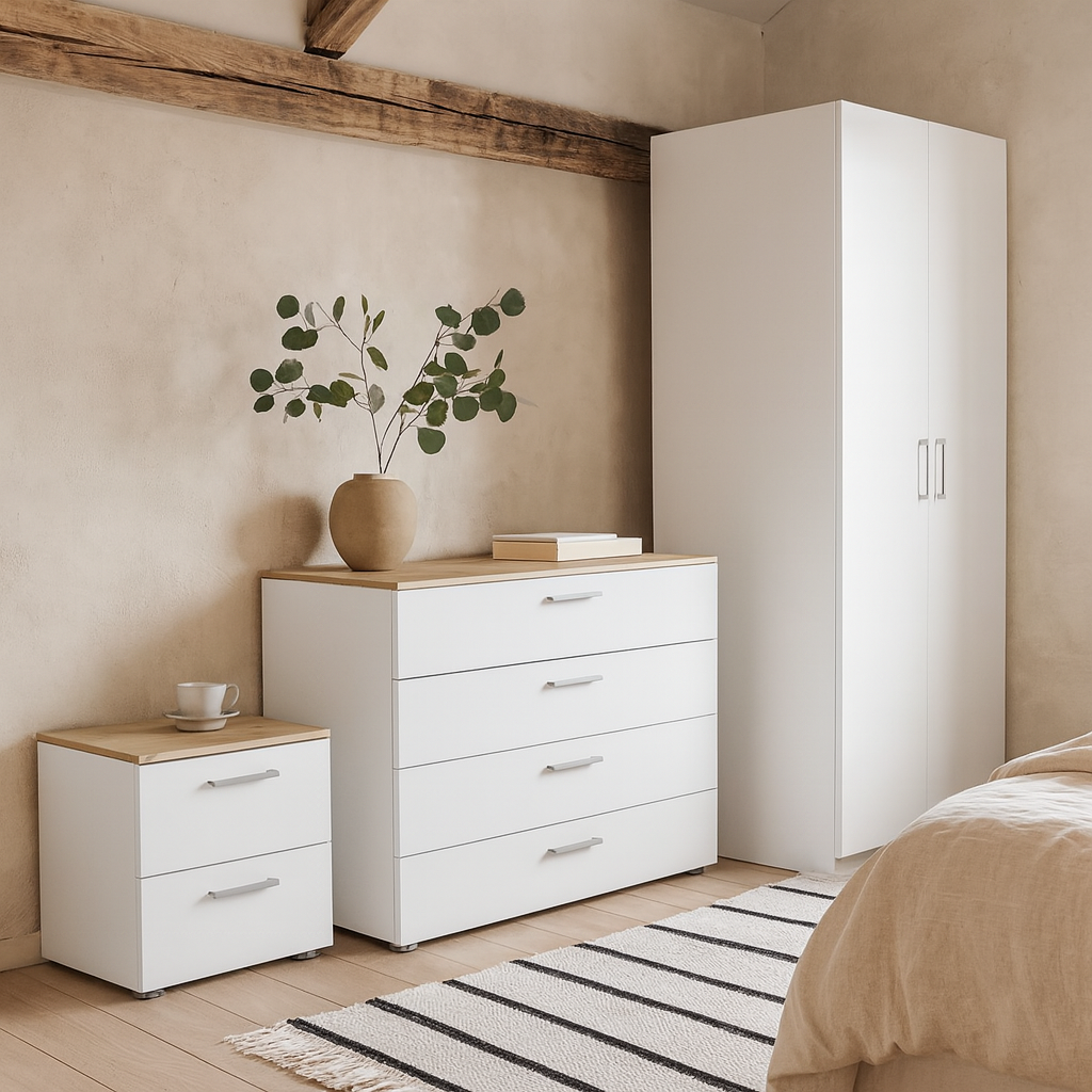 Wilde Oak and White Gloss Bedroom Furniture Set - Bedside Table 2 Drawers + Chest of 4 Drawers + Wardrobe 2 Doors