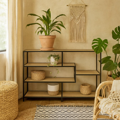 El Paso Wide Black Metal and Sonoma Oak Asymmetrical Bookcase 4 Shelves