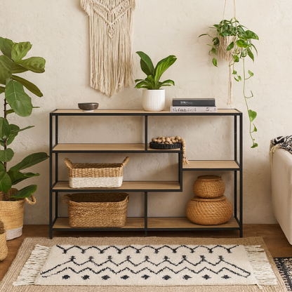 El Paso Wide Black Metal and Sonoma Oak Asymmetrical Bookcase 4 Shelves