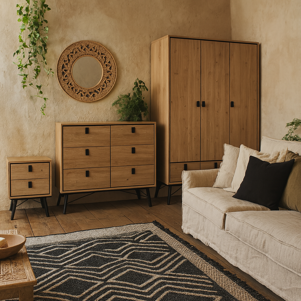 Juno Natural Oak Wood Furniture Set - Wardrobe 3 Doors and 3 Drawers + Chest 6 Drawers + Bedside Table 2 Drawers