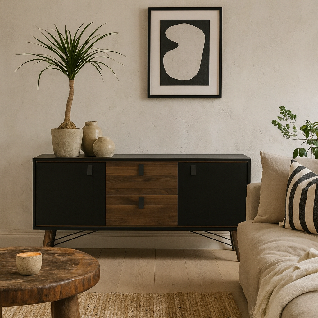 Juno Black and Walnut Wood Sideboard 2 Doors 2 Drawers