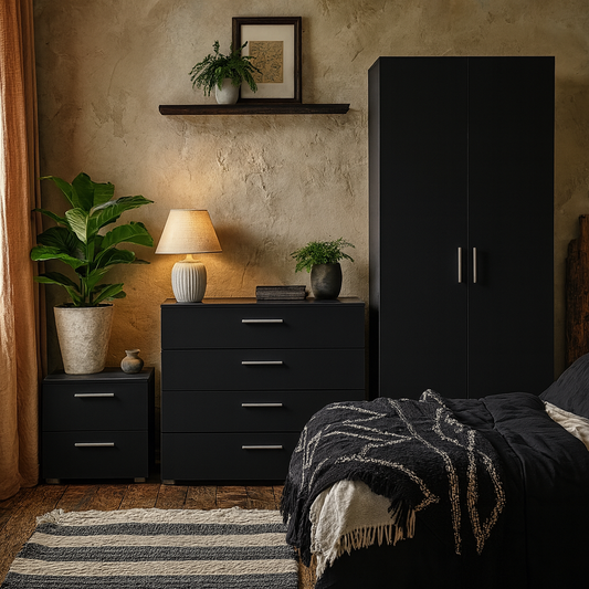 Wilde Black Bedroom Furniture Set - Bedside 2 Drawers + Chest of 4 Drawers + Wardrobe 2 Doors