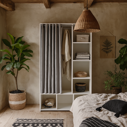 Uppsala Open Wardrobe Unit in White with a Grey Textile Curtain