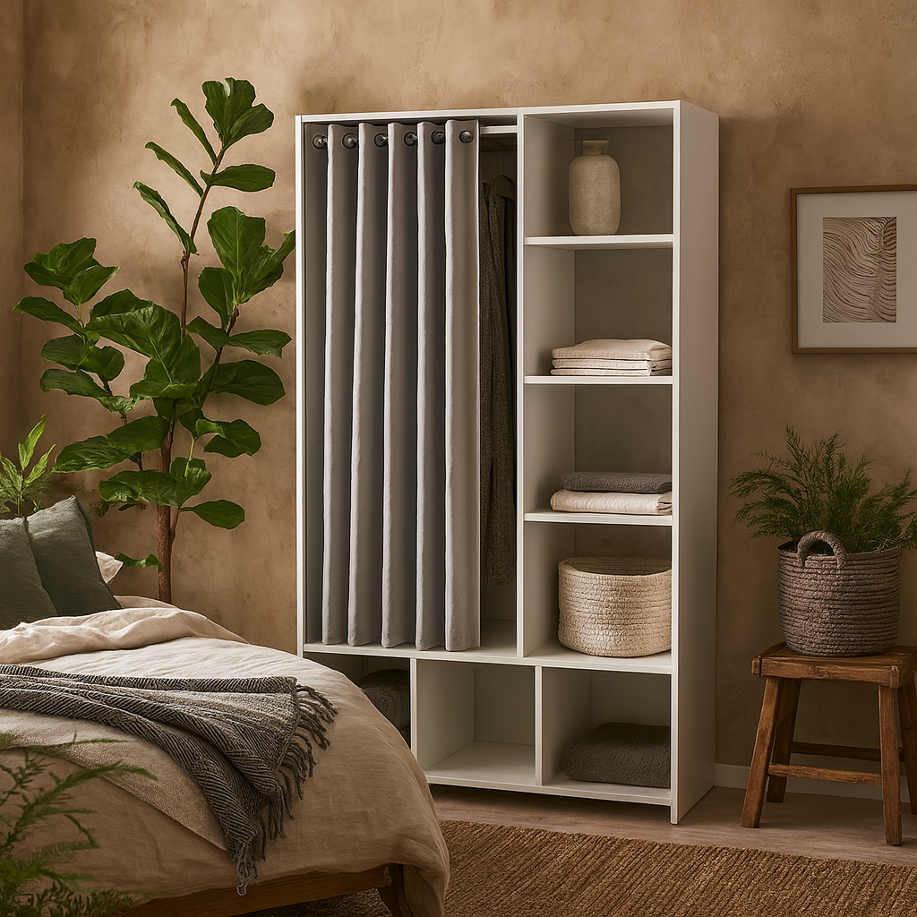 Uppsala Open Wardrobe Unit in White with a Grey Textile Curtain