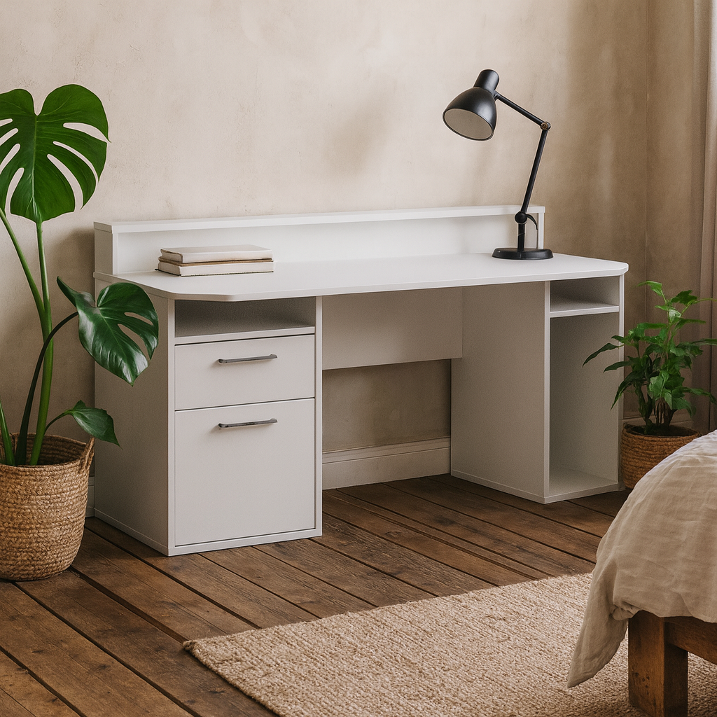 Valencia White Gaming Desk with LED Strip Lighting and Storage Features