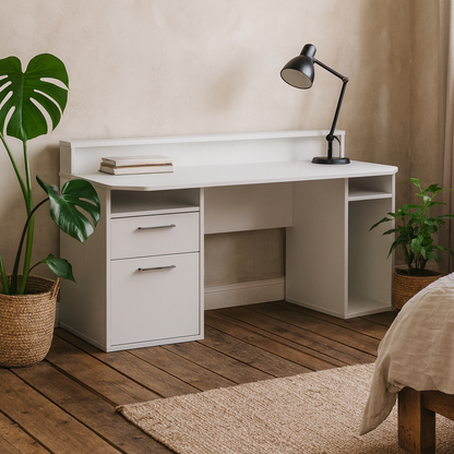 Valencia White Gaming Desk with LED Strip Lighting and Storage Features