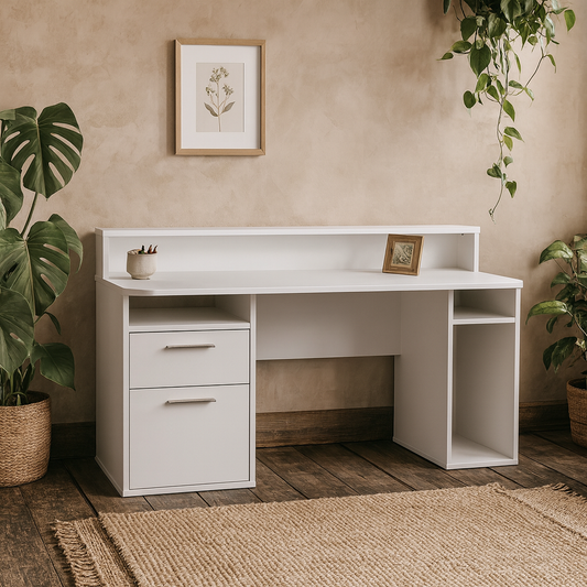 Valencia White Gaming Desk with LED Strip Lighting and Storage Features