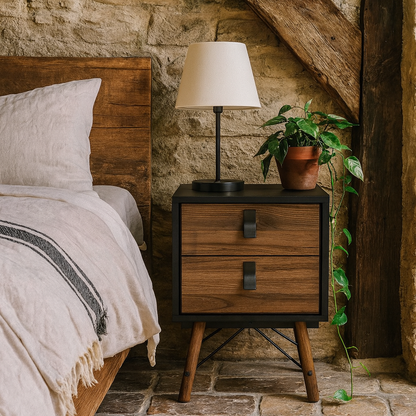 Juno Black and Walnut Wood Bedside Table 2 Drawer