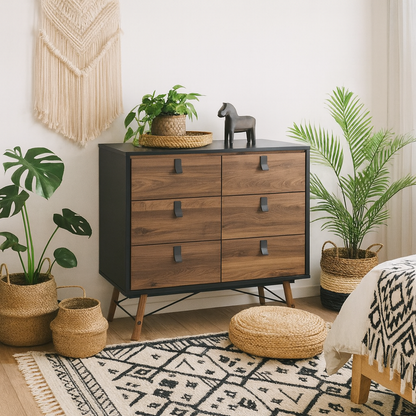 Juno Black and Walnut Wood Double Chest of Drawers 6 Drawers