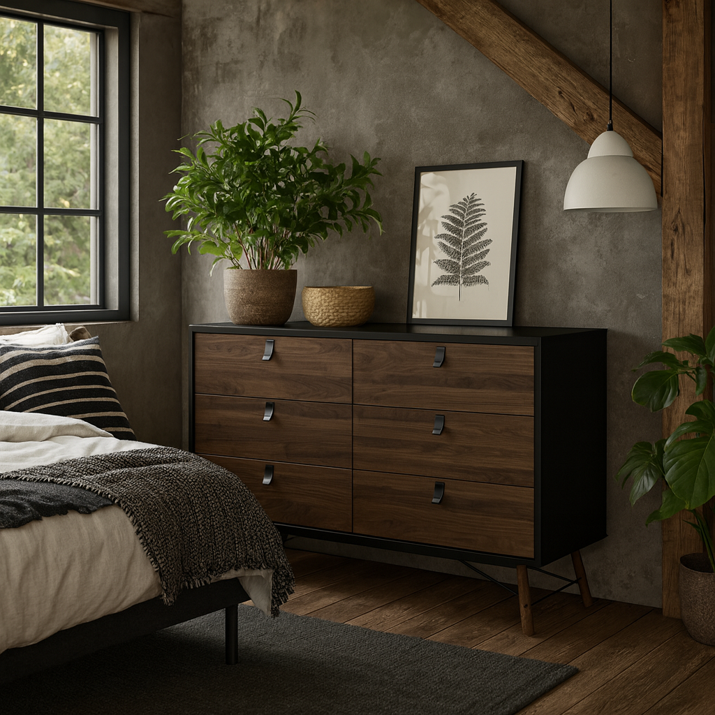 Juno Black and Walnut Wood Wide Double Chest of 6 Drawers