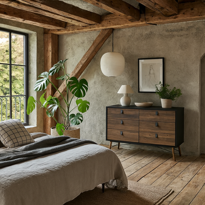 Juno Black and Walnut Wood Wide Double Chest of 6 Drawers