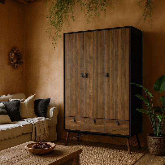 Juno Black and Walnut Wood Wardrobe 3 Doors 3 Drawers