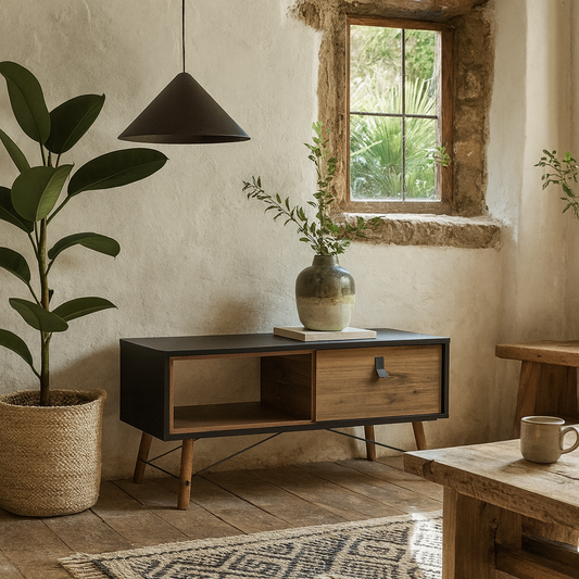 Juno Black and Walnut Wood Coffee Table 1 Drawer and Open Shelf