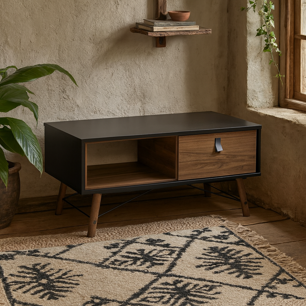Juno Black and Walnut Wood Coffee Table 1 Drawer and Open Shelf