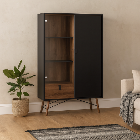 Juno Black and Walnut Wood China Cabinet 2 Doors 1 Drawer