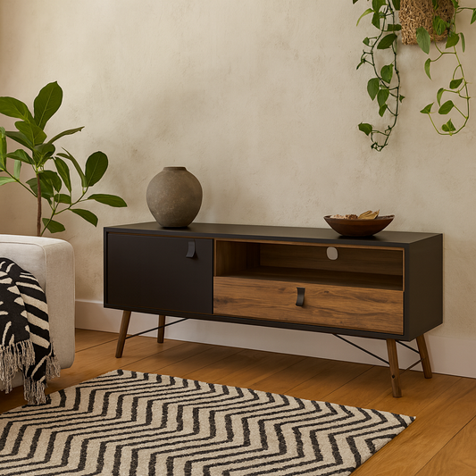 Juno Black and Walnut Wood TV Unit 1 Door 1 Drawer and Open Shelf