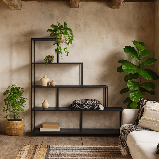 El Paso Black Metal Frame Bookcase 4 Shelves in Step Design