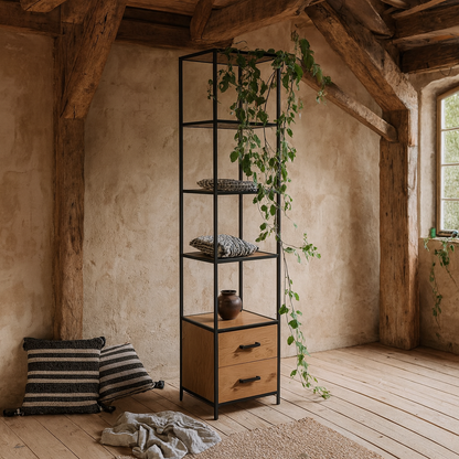 El Paso Black Metal and Wild Oak Veneer Bookcase 2 Drawers 3 Shelves