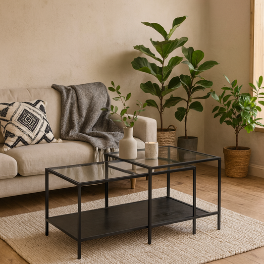 Set of 2 El Paso Black Metal Nesting Coffee Table Set Glass Top