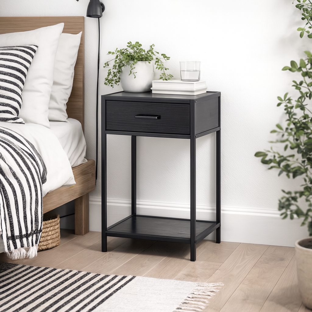 El Paso Black Bedside Table 1 Drawer Bottom Shelf