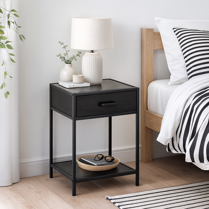 El Paso Black Bedside Table 1 Drawer Bottom Shelf