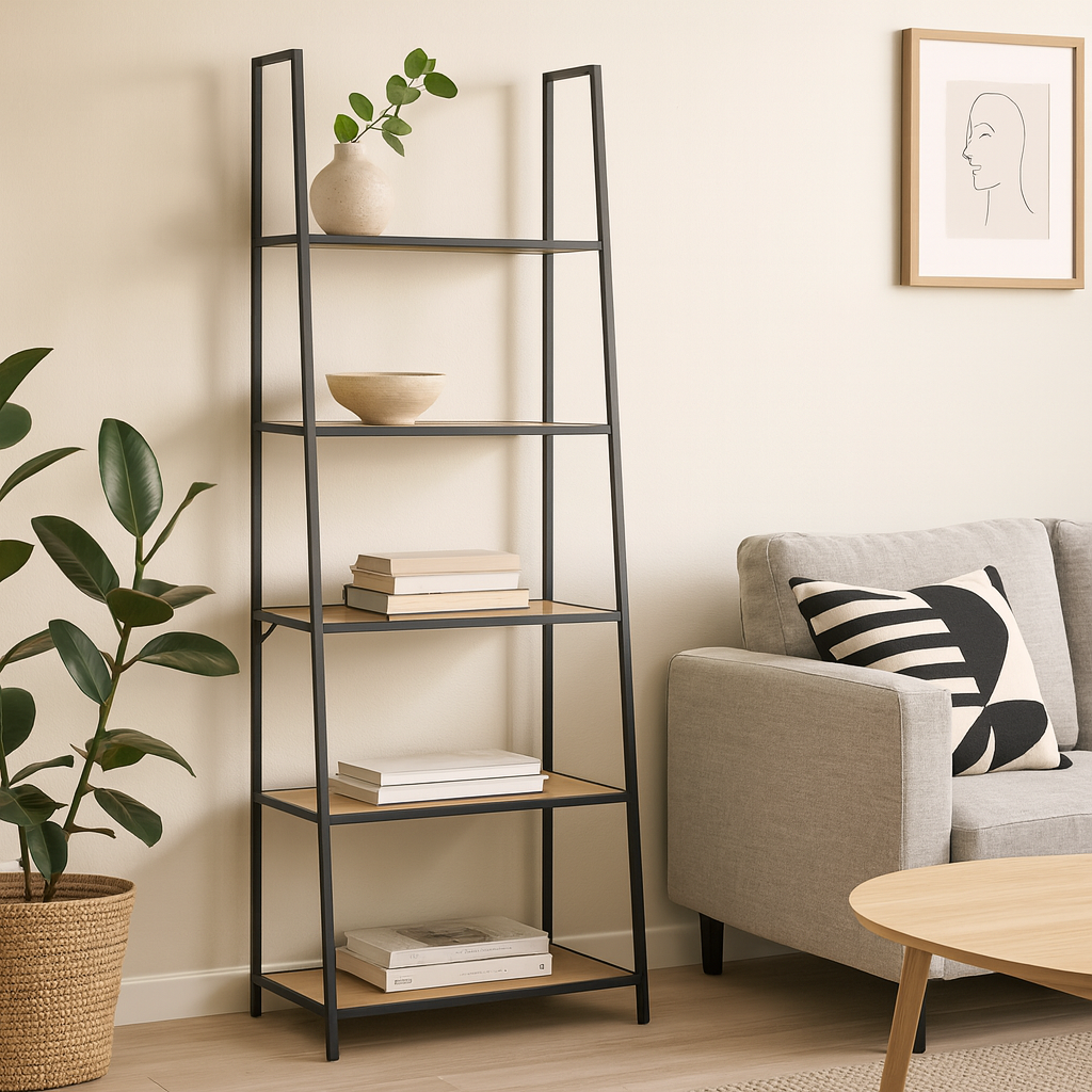 El Paso Black Metal Ladder Bookcase 5 Oak Veneer Shelves