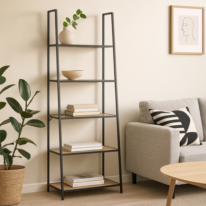 El Paso Black Metal Ladder Bookcase 5 Oak Veneer Shelves