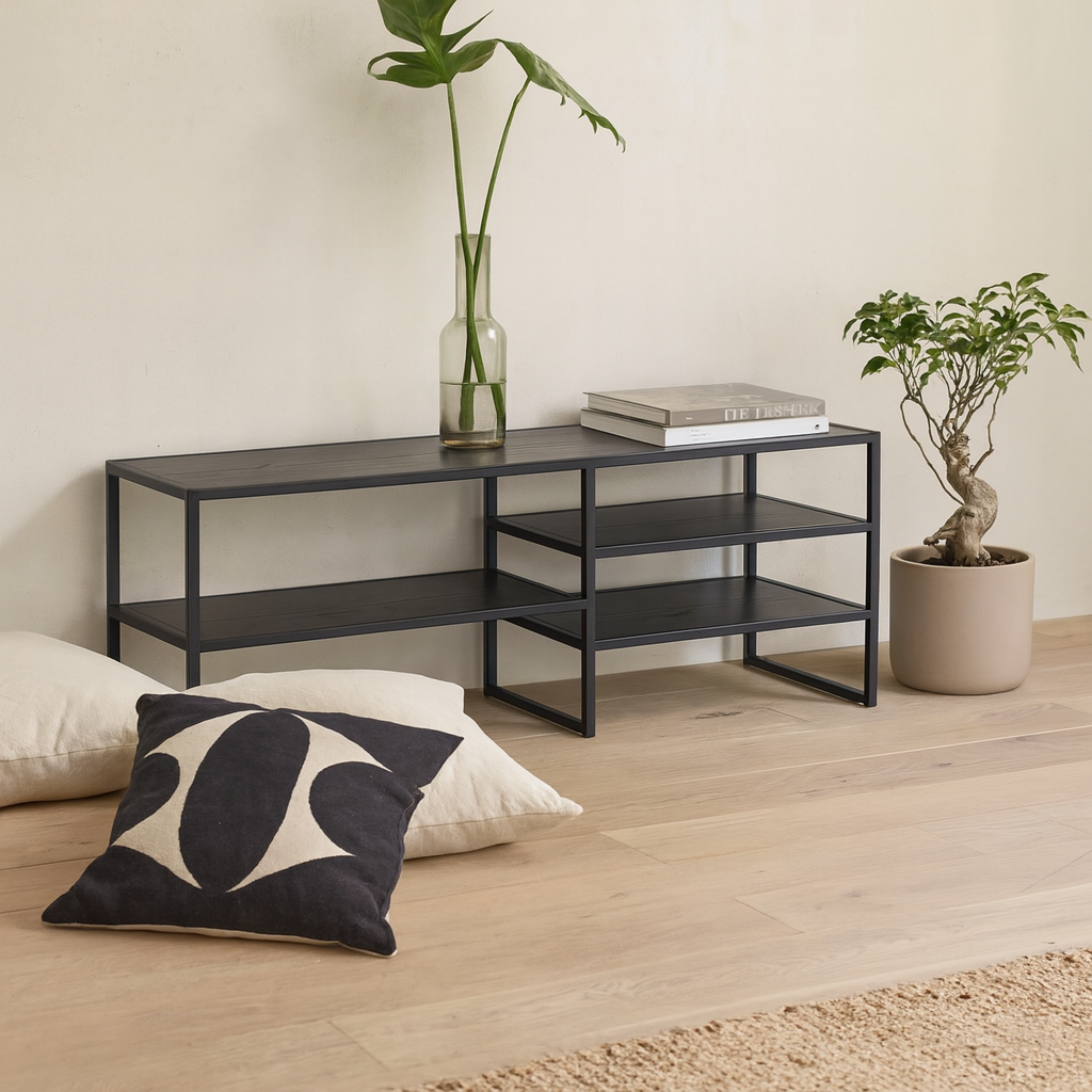 El Paso Black Metal Open TV Unit 3 Black Shelves