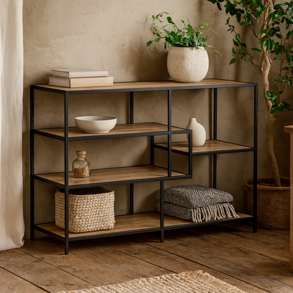 El Paso Wide Black Metal and Wild Oak Veneer Bookcase 4  Shelves