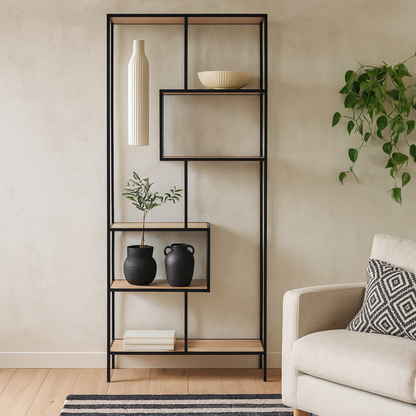 El Paso Tall Black Metal Bookcase 5 Oak Shelves