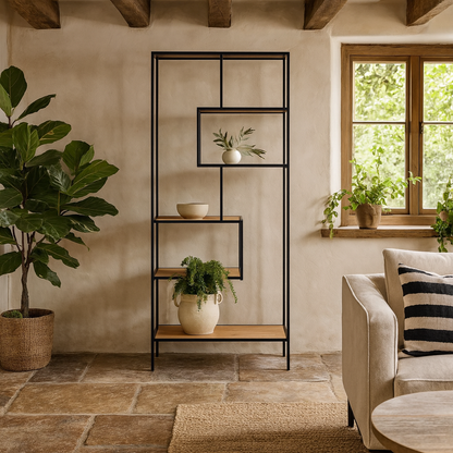 El Paso Tall Black Metal and Sonoma Oak Bookcase 5 Shelves