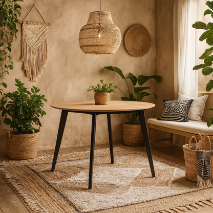 Saffron Round Black and Natural Oak Veneer Dining Table