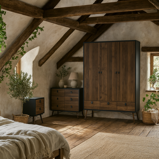 Juno Black and Walnut Wood Furniture Set - Wardrobe 3 Doors and 3 Drawers + Chest 6 Drawers + Bedside Table 2 Drawers