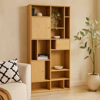 Thallo Oak Wood 3 Door Multi Level Large Bookcase
